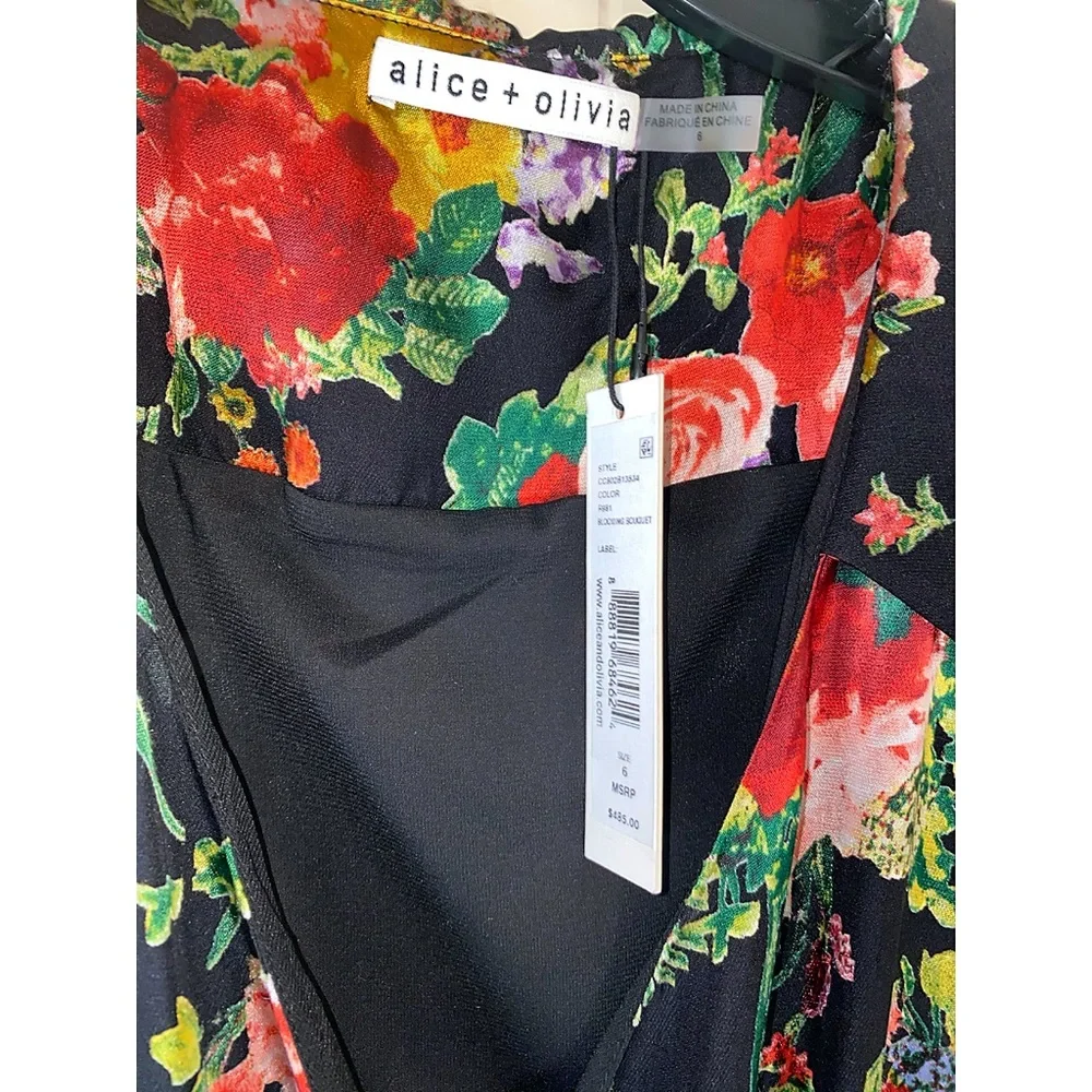 Alice + Olivia Abney Floral Black Red Collared Midi Dress - Picture 13 of 16